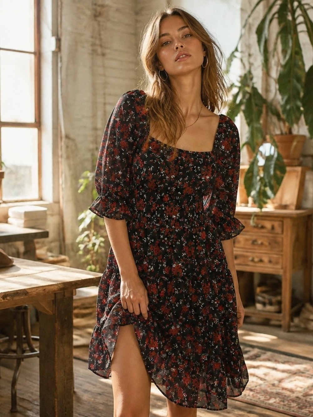 Trixxi Black Mini Dress with Red Floral Print